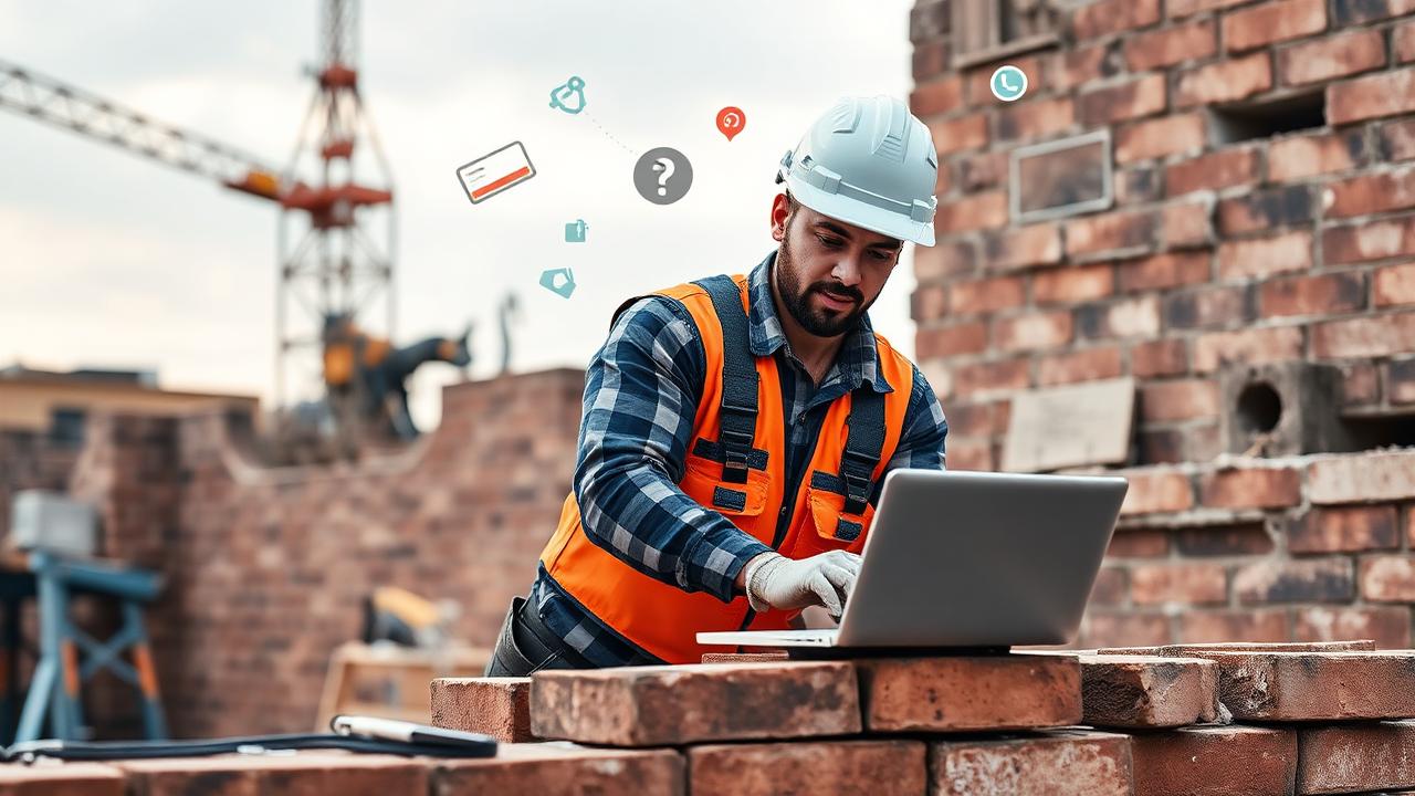Professional bricklayer working on construction project with digital marketing elements showcasing lead generation strategies